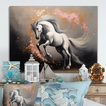 White Pink horse On The Run - Horse Framed Canvas Art